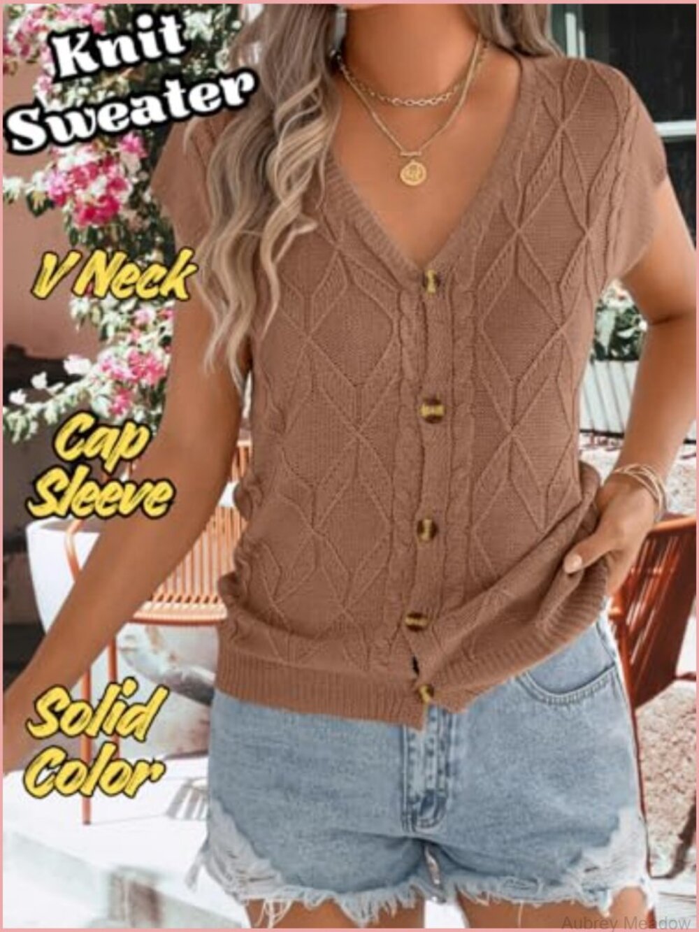Cap Sleeve V Neck Sweater Vest, Cable Knit Button Down Cardigan, Lightweight - Picture 2 of 7
